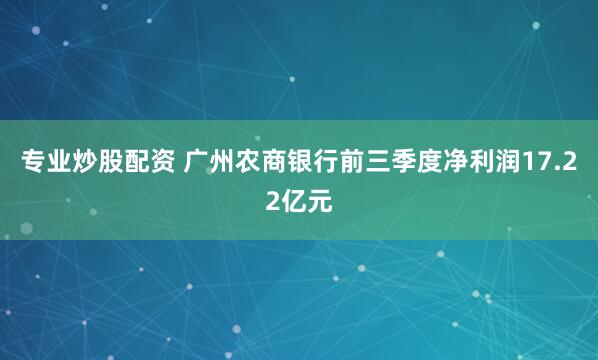 专业炒股配资 广州农商银行前三季度净利润17.22亿元